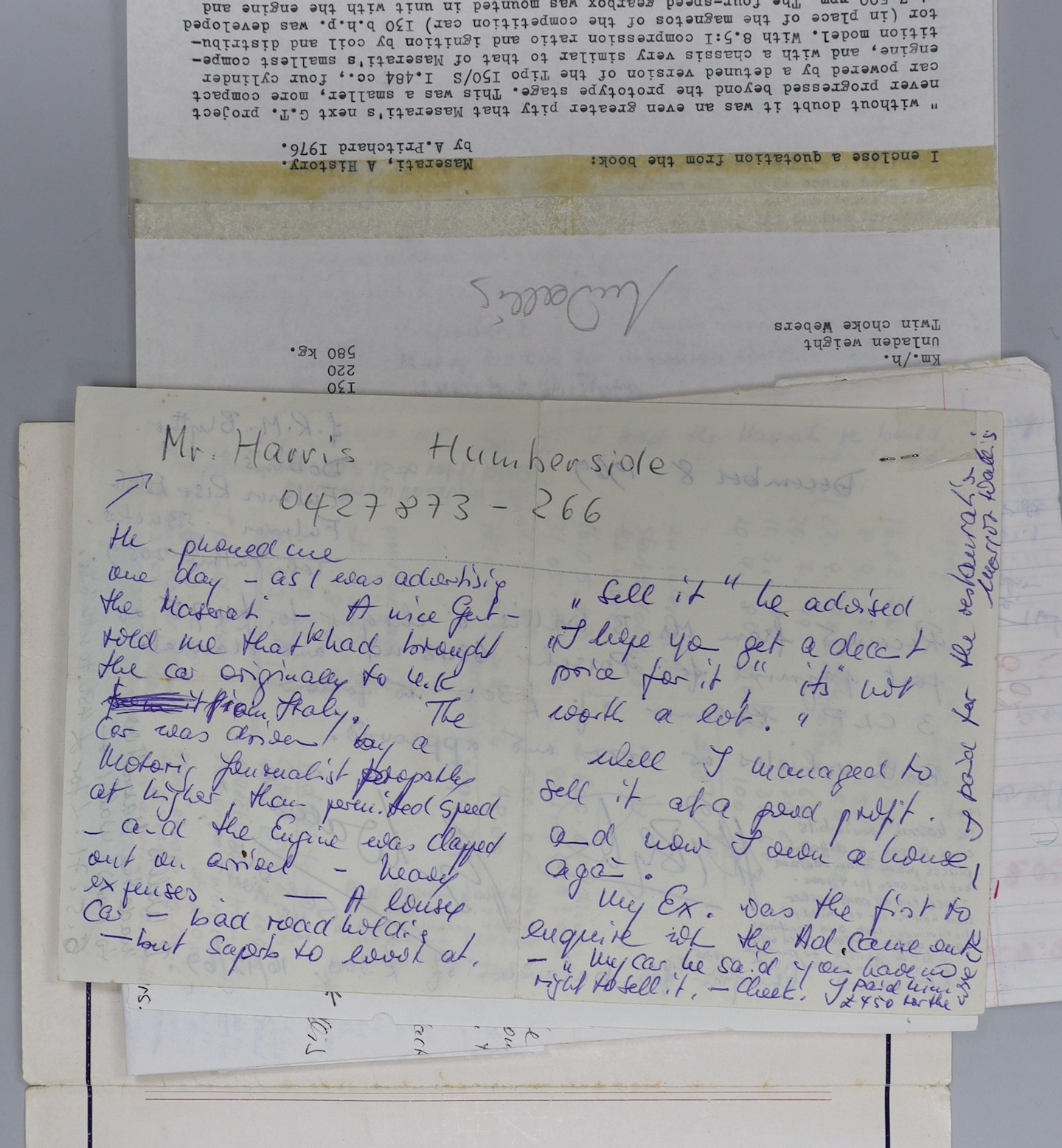 Maserati related ephemera including signed Stirling Moss Limited correspondence